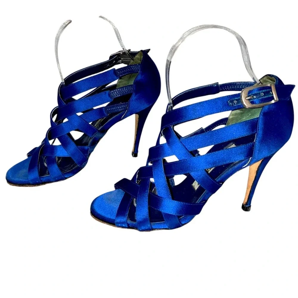 Manolo Blahnik Blue Satin Strappy Cage‎ Sandals Heels EU 37 Made in Italy